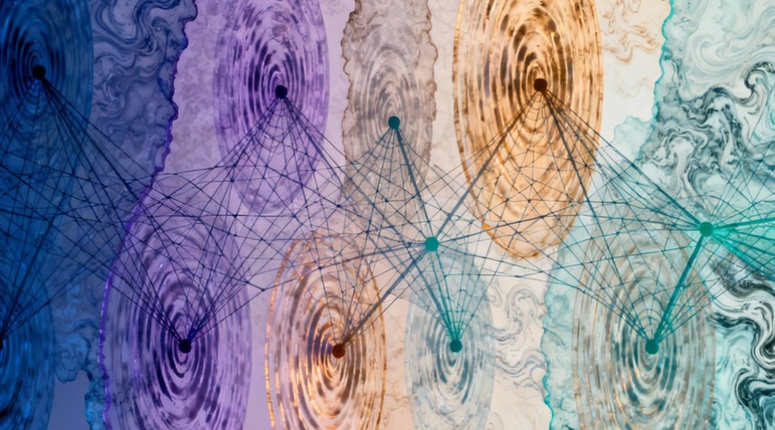 A run of overlapping ripples across a field, linked by a network of lines